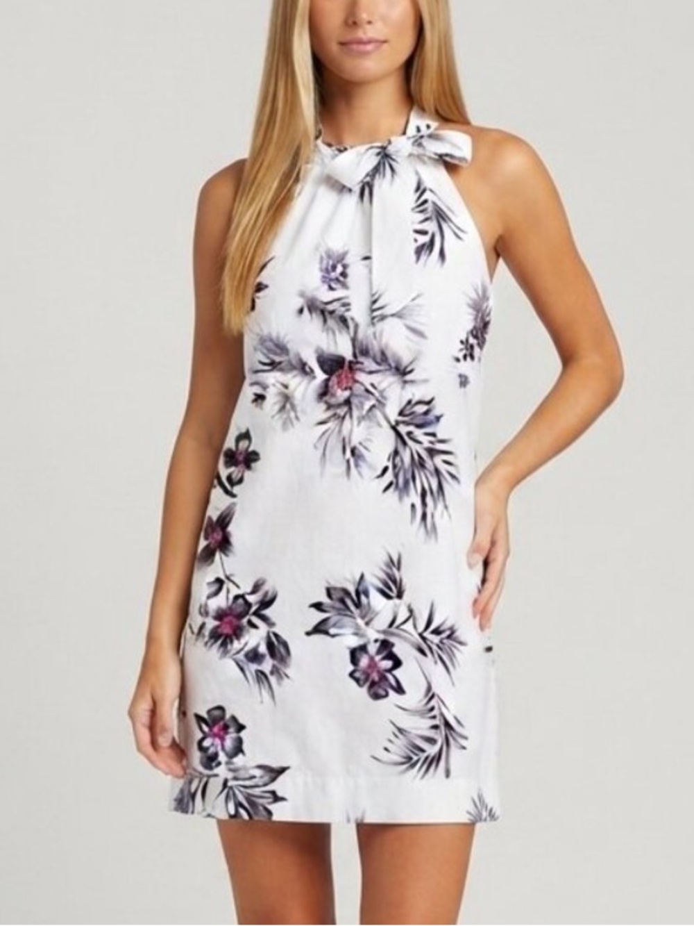 Tommy Bahama White Floral Halter Linen Blend Mini Dress Medium 39930